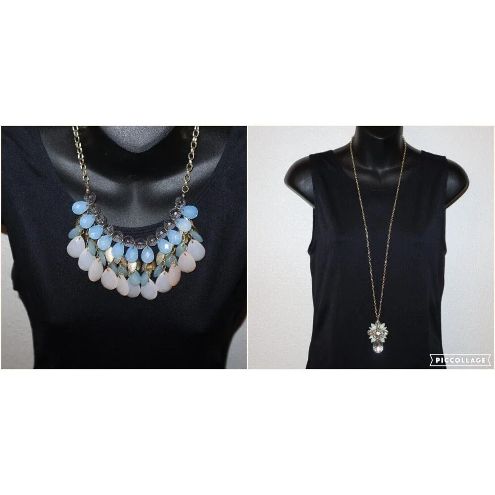 Lot Light Off-white Blue Necklace Gold Tone Dangle Pendant Chandelier Floral